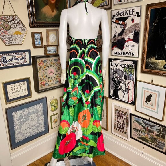 70s Vintage Jantzen Green & Black Floral Halter Backless Maxi Dress Size 12 - Picture 3 of 8